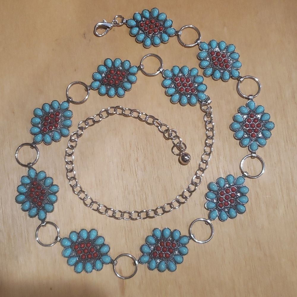 Silvery Turquoise style & Red Pine Stone Embellished Waist Chain belt nwot